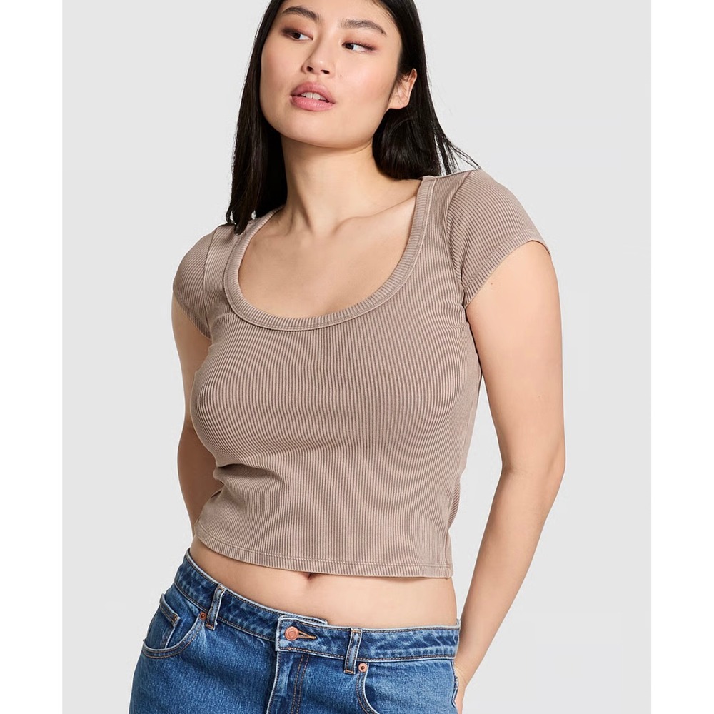 PINK Victoria's Secret VINTAGE RIBBED SCOOP TEE Large NEW